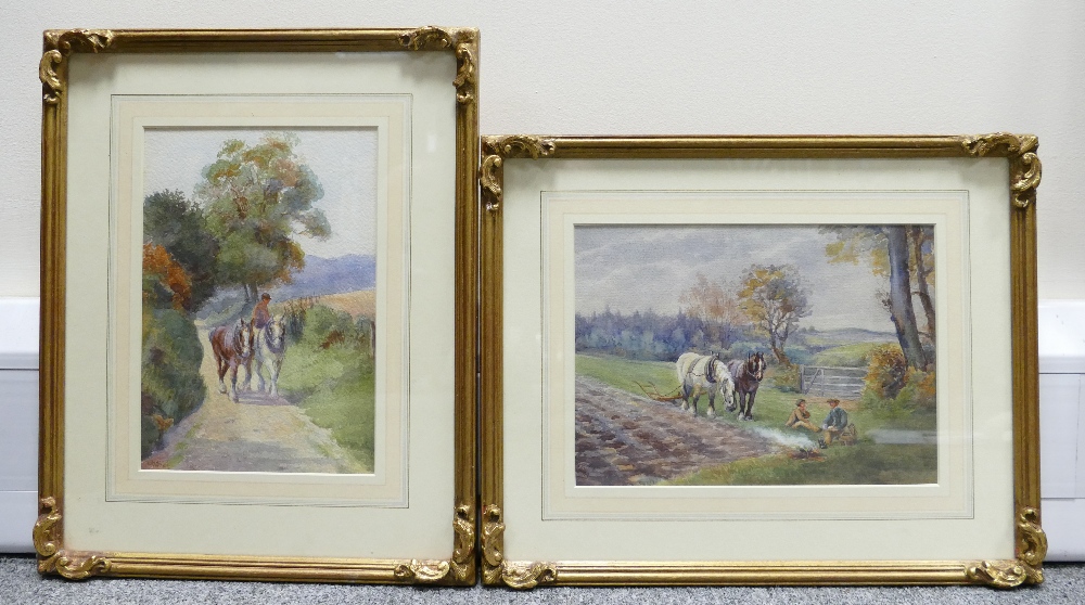 M Clowes, watercolour painting of farmer with two horses down a country lane,