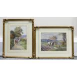M Clowes, watercolour painting of farmer with two horses down a country lane,