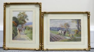 M Clowes, watercolour painting of farmer with two horses down a country lane,