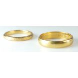 Two x 22ct gold wedding rings / bands, fully hallmarked. Plain ring 4mm 5.