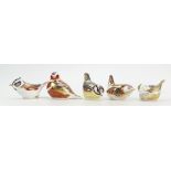 Royal Crown Derby paperweights - Five Birds, 3 gold stoppers,