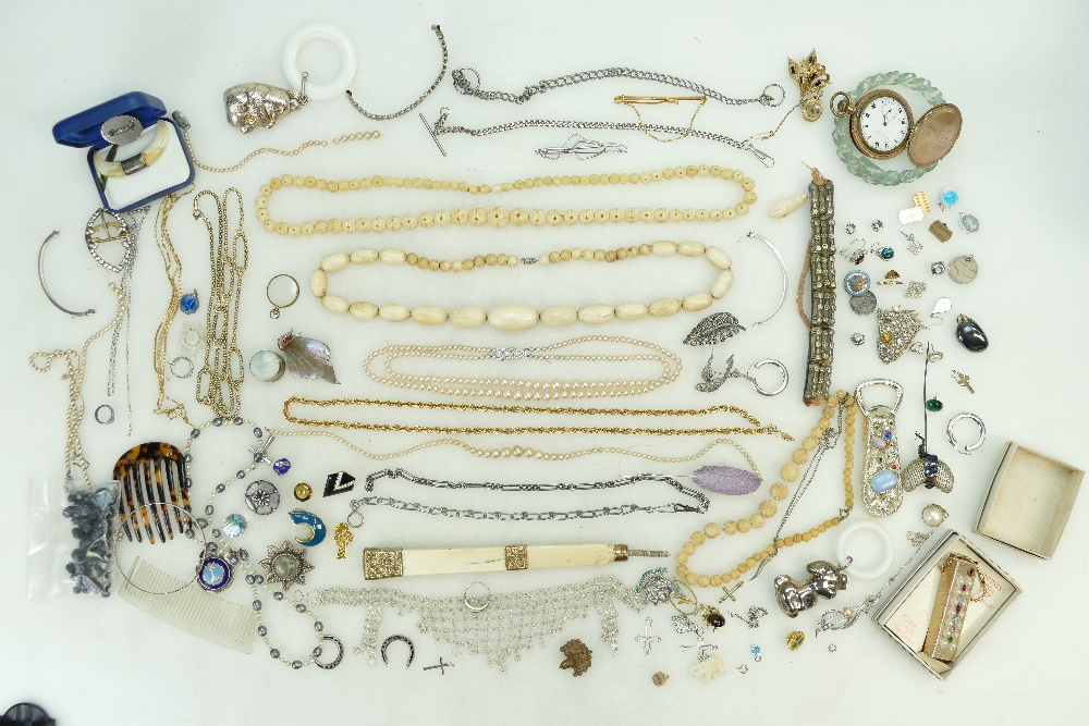 Quantity of jewellery including some silver, pocket watch, chains, parasol handle, earrings,