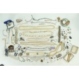 Quantity of jewellery including some silver, pocket watch, chains, parasol handle, earrings,