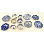 Group late 18th / early 19th century blue & white transfer pottery saucers (6) and tea bowls (6),