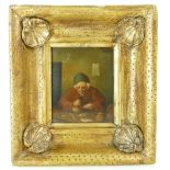 19th century oil painting on oak panel of Gentleman counting gold coins, in gilt frame,