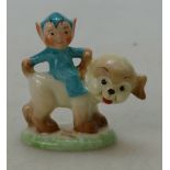 Shelley Mabel Lucie Attwell Boo-Boo Pixie figure riding on a a dog. Marked LA24 6.5cm high.