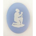 Wedgwood oval blue Jasperware medallion made to celebrate the abolishment of slavery, height 11cm.