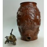 19th century Stoneware rum barrel, embossed decoration with figures on horseback, coat of arms,
