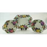 Charlotte Rhead Burleighware footed bowl and pair dishes decorated in the fruit design,