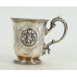 Victorian Silver christening mug decorated with panels of embossed cupids,,