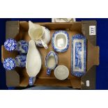 A collection on Spode blue & white pottery including large salt & pepper pots, sauce boat,