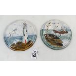 Cobridge Stoneware pair of trial roundels hand painted with Fishing Trawler and Sea Gulls dated