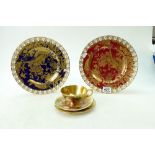 Aynsley Orchard Gold patterned trio set together with Royal Crown Derby decorative wall plates