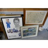 A mixed collection of items to include framed watercolour of a lakeside scene,