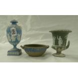 Wedgwood light blue jasperware urn & cover decorated with dancing hour ladies (knob off lid
