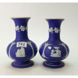Pair 19th century Wedgwood dark blue dip jasperware vases decorated all around with classical