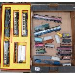 Triang RS3 boxed Train Set together with similar carriages, wagons and engines. (2 trays).