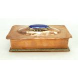 Copper Arts & Crafts jewel / trinket box with Ruskin type hire fired glazed ceramic oval cartouche