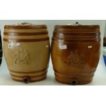 Two Doulton & Watts Lambeth treacle salt glazed spirit barrel embossed with coats of arms (2)