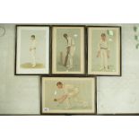 Four framed early 20th century prints of cricketers titled 46 Countries in 11 years, The Lobster,