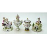 A collection of continental German figures marked Crown GR1885 to include young couple playing