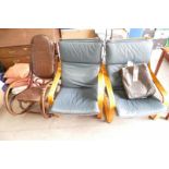 Mid century Bentwood & Moroccan leather rocking chair together with two non matching similar item