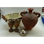 A mixed collection of ceramic items to include turned olive wood vases,