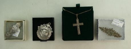 Group of silver jewellery - 2 Victorian brooches, silver ingot, marcasite cross & chain,