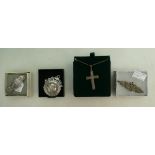 Group of silver jewellery - 2 Victorian brooches, silver ingot, marcasite cross & chain,