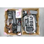 A collection of 35mm SLR camera equipment inc Nikkorex 35/2 Chinnon CP7 togther with Tamron CF210