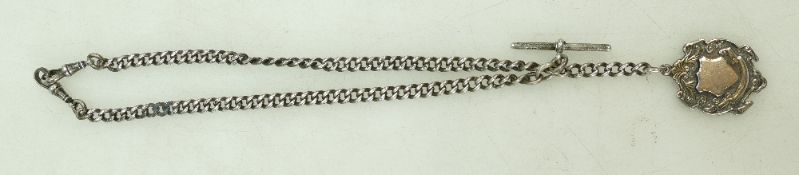 Silver double albert watch chain with fob, measures 43.5cm clip to clip. 51.