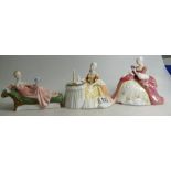 Royal Doulton lady figures Meditation HN2330 hairline to base, Wistful HN2396, Response HN2272.