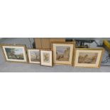 Two framed twentieth century watercolours with illustrations of castles and A collection of mixed