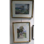 M Clowes, watercolour painting of farmer with two horses down a country lane,