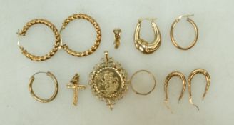A collection of 9ct gold earrings, 9ct gold crucifix, 9ct gold St George medal in mount,