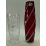 Large heavy cut glass crystal vase together with larger ruby red mid century type similar item. (2).
