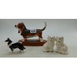 Beswick Bassett hound on plinth 2045B, Sheepdog 1854, Staffordshire type dogs 1378.