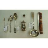 Group of seven sterling hallmarked silver items including Exeter Ladle 1853, spoons, tongs,