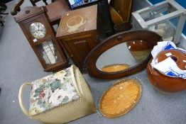 An assortment of small furniture items to include oak cased wall clock,