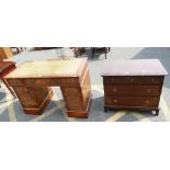 Double pedestal green leather topped writing desk and a reproduction mahogany 3 over 2 chest of