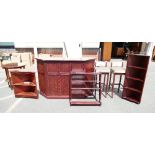 Bar with canted sides with two similar corner units, a pair of mahogany bar stools,