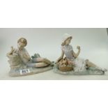 Lladro figures of boy and girl playing with nature. (2) (some petal damage).