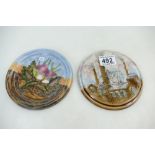 Cobridge Stoneware trial roundels one hand painted with a Mining scene and the other with