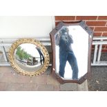 decorative gilt framed convex mirror & similar oak framed item (2)