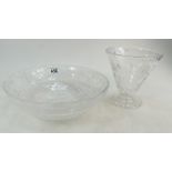 Large lead crystal fruit bowl, with floral decoration together with a similar quality vase.