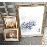 A collection of modern framed pictures depicting floral and woodland scenes (3).