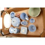 A collection of Wedgwood Jasperware items including teapot, vases, trinket boxes,