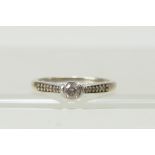 9ct white gold ladies modern solitaire diamond ring, size K-L,