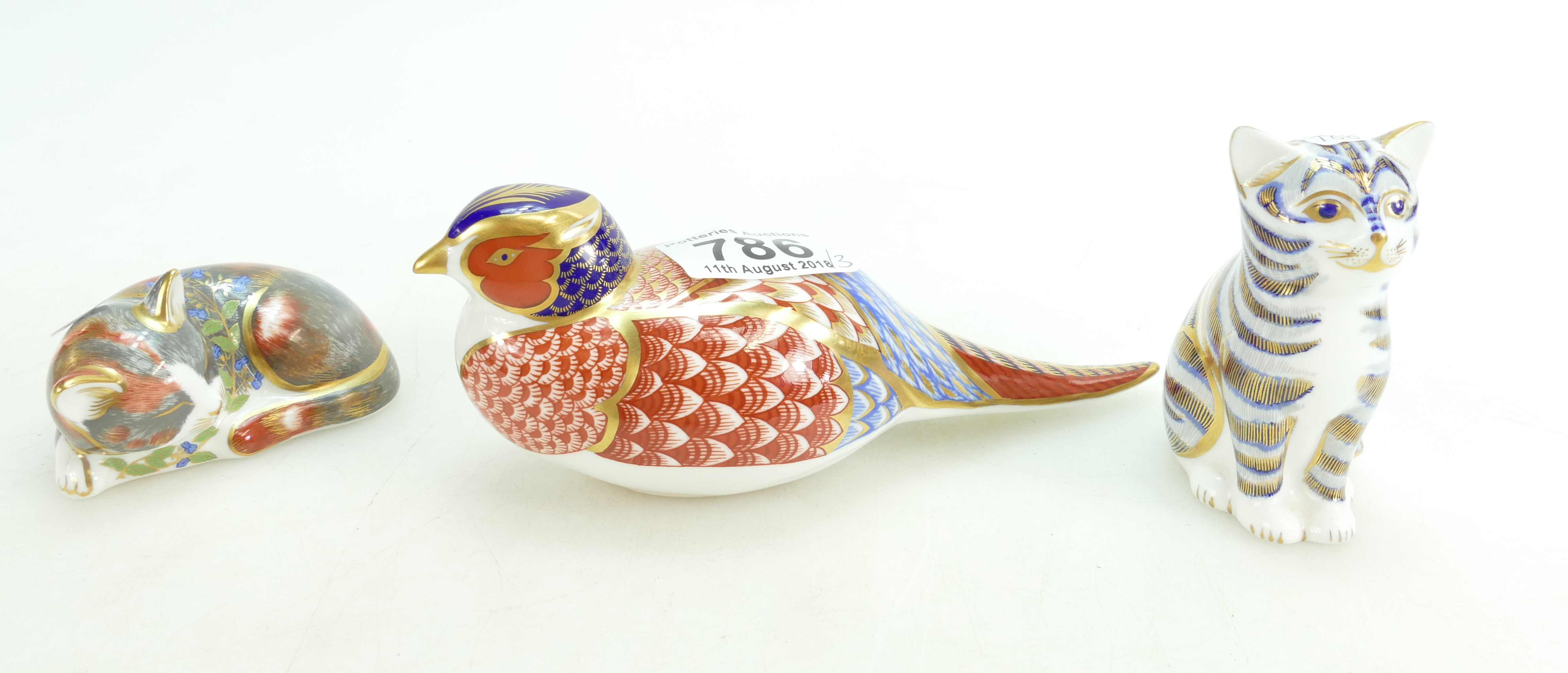 Royal Crown Derby paperweights Pheasant, Catnip Kitten and seated kitten,