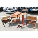 An assortment of smaller furniture to include 2 reproduction plant stands,